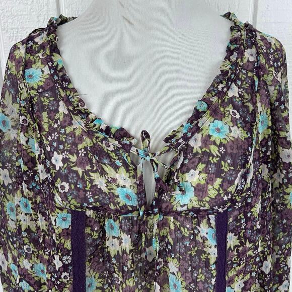 Decree Sheer Floral Boho Peasant Blouse Purple Blue Top Romantic Fairy Size L - Picture 4 of 7
